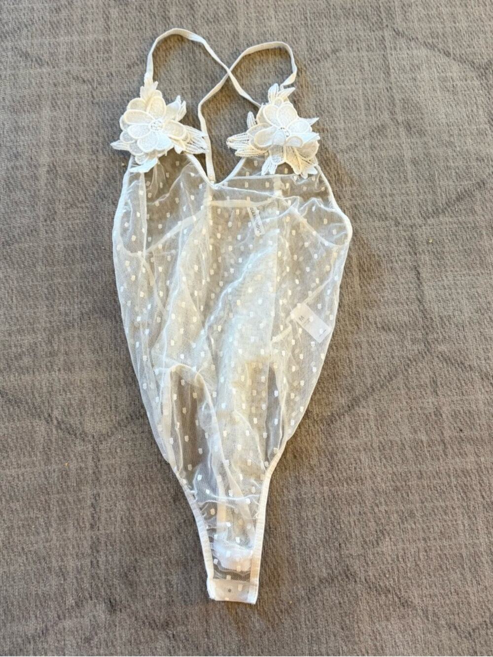 Glamorous Sheer White Polka Dot Floral-Trim Bodysuit One-Piece NWOT Medium